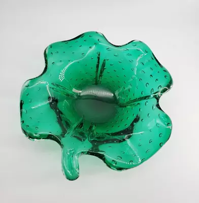 Murano Art Glass Green Shamrock Dish Bowl Bullicante Controlled Bubbles 7.5in • $45