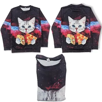 Cat Taco Pizza Mens S Long Sleeve Multicolor Pullover Sweater EUC • $16.75