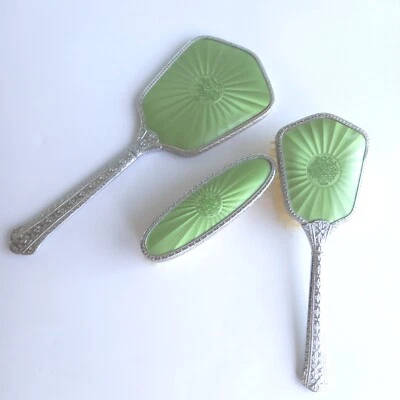 £10 • Buy Vintage 3 Piece Vanity Dressing Table Set Mirror Hair Brush Green Silver Colour