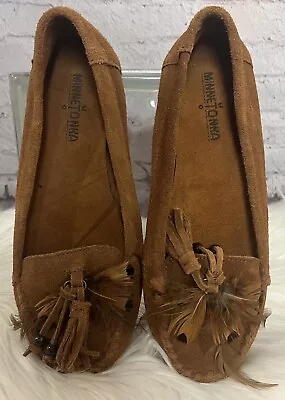 Minnetonka Women’s Beaded Brown Suede Moccasins Shoes Size 7 • £14.45