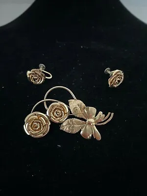 Set Krementz 14K  Rolled Gold Overlay Rose Screw Earrings  Brooch  VINTAGE DF74 • $32