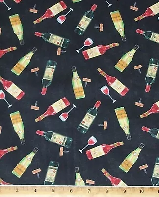 Wine Bottles Glasses Cork Screws Tossed Fabric By The Yard 100% Cotton • $7.29