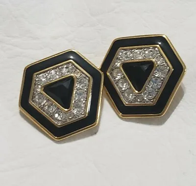 VINTAGE SWAROVSKI S.A.L Signed GOLD  BLACK ENAMEL CRYSTALS CLIP ON EARRINGS • $75