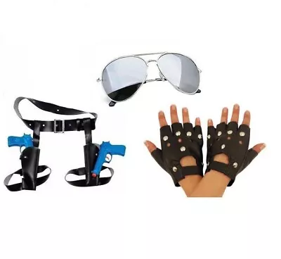 LARA CROFT 3PC SET Holster W/Guns Glasses & Gloves Tomb Raider Fancy Dress • £16.95