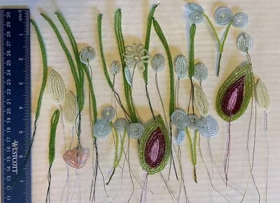 Vintage French Glass Seed Beaded FLOWERS Leaves Stems Components 25 Pcs Lot 6 • $26.99