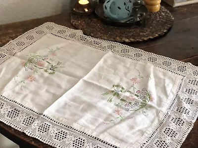 Vintage Hand Embroidered Table Linen  With Lace Edges 45x60cm • £4.50