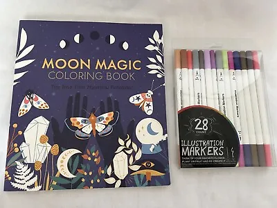 Moon Magic Detailed Astrology Coloring Book With 28 Brush Tip Marker Set • $10