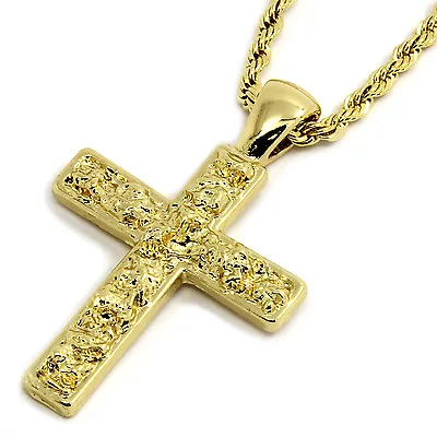 Mens 14K Gold Plated Nugget Cross Pendant Hip-Hop 3mm/24  Rope Chain • $12.99