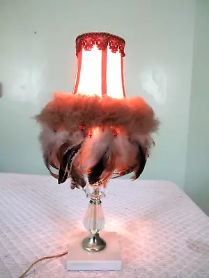 Vintage 1950s Faceted Lucite Boudoir Table Lamp W Burlesque Feathered Shade MCM • $87.98