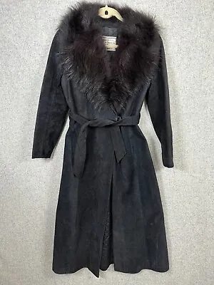 Vintage Saks Fifth Avenue Womens Leather Black Faux Fur Trim Coat Size 7 Belted • $49