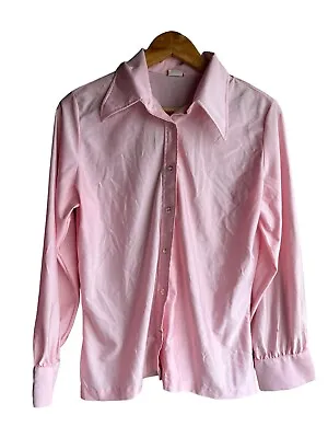 Vintage 70s Pink Disco Satin Secretary Long Sleeve Pointed Collar Blouse LARGE • $20