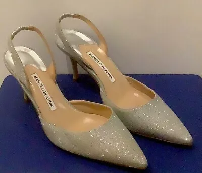 Manolo Blahnik Carolyne Silver Glitter Shoes Size 38.5 • $400