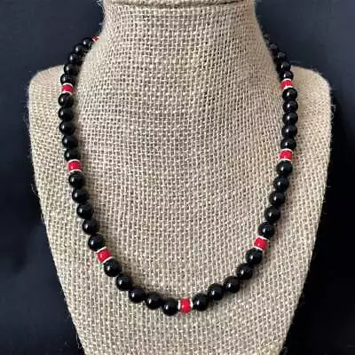 Black Onyx Red And Silver Mens Beaded Necklace • $30