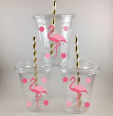 $24.99 • Buy Flamingo Party Cups Set/12 With Lids Straws Flamingos Luau Pool Flamingle
