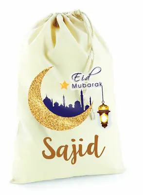 Personalised Eid Mubarak Cotton Canvas Drawstring Gift Bag Girl Boy Gift Present • £5.50