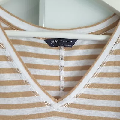 M&S Womens Beige Striped Linen  V Neck T-Shirt Size UK12 • £4.50