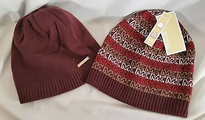 Michael Kors Mini Logo Stripe Reversible Beanie Maroon Red Hat SHIPS FREE • $31.77