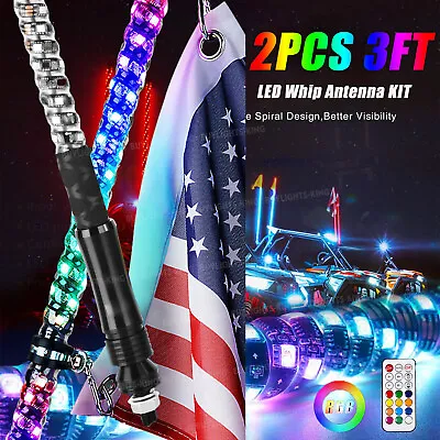 Pair 3FT Spiral LED Whip Light W/Flag ATV UTV Accessories RZR Can-Am Antenna SXS • $89.99