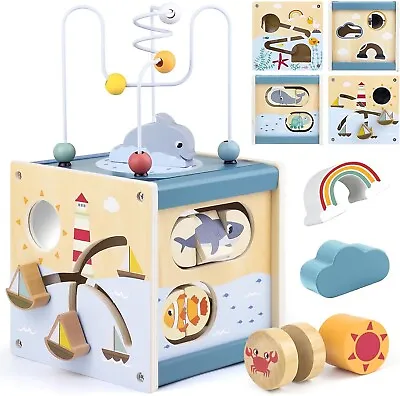 Wooden Activity Cube Baby Toys 12+ Months Montessori Toys With Bead Maze Shape • £17.99