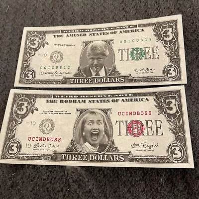 Novelty $3 Notes 1 Bill Clinton & 1 Hillary Rodham $3 Dollar Play Money PB8 • $4