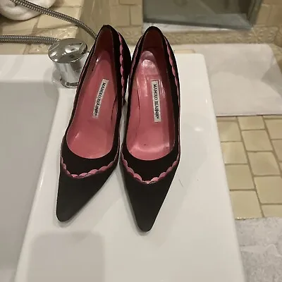 Manolo Blahnik 39.5 Black Suede Pink Purple Trim • $110