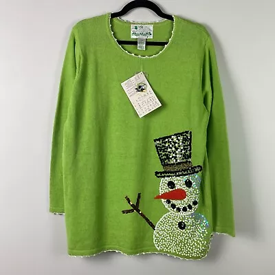 The Quacker Factory Sequin Snowman Sweater Size Large Green Christmas • $29.95