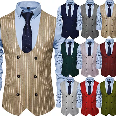 Mens Vests Double-Breasted Striped Formal Business Wedding Vest Large XL XXL 3XL • $26.99