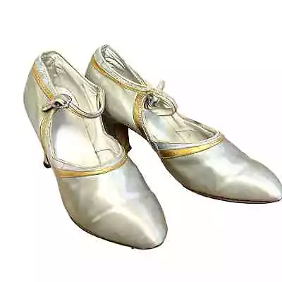 1920s Mary Jane Heels Silver Satin Shoes W/ Silver/Gold Leather Strap/Soles 7.5N • $321.32