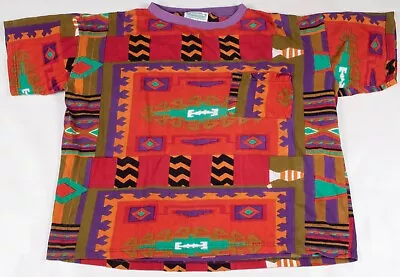 Vintage 1990s Shenanigans Wild Abstract Aztec All Over Print T-Shirt Size Small • $29.99