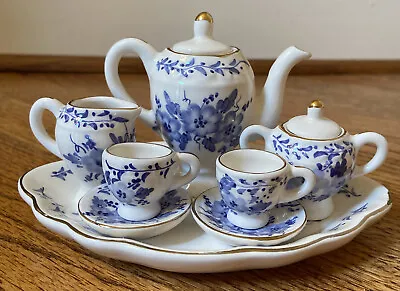 Vintage Blue & White China MINIATURE TEA SET 10 Pieces Teapot Floral Gold Rim • $10.99