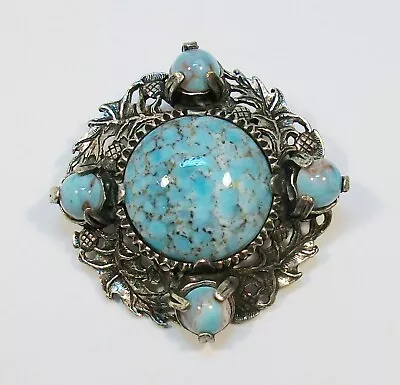 Vintage Signed MIRACLE Blue Mottled Glass Cabochon Celtic Theme Silver Tone Pin • $11.50