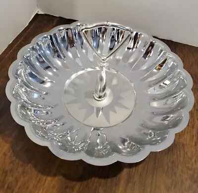 Atomic Mid Century Vintage Chrome  Round Serving Dish Handle Starburst 8.75in • $16.99