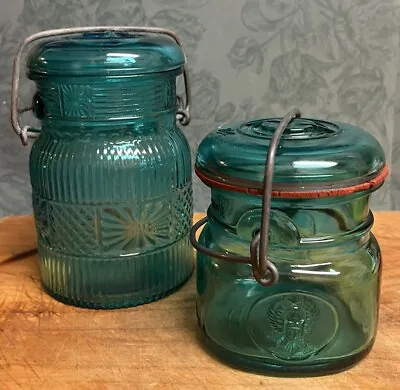 Two Vintage Wire Closure Turquoise Blue Boho Jar Storage Jar With Lid Ball • $15