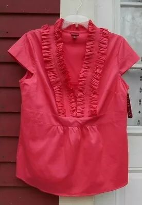 Merona New With Tags Pink Cap Sleeved Ruffled/Pleated  V Neck Cotton Blouse XL • $8.99