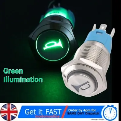 GREEN 16mm LED Light Horn Button Momentary Metal Switch Push Button Car 12v • £6.99