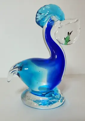 Murano Style Blue Pelican With Fish Bowl Beak • $32