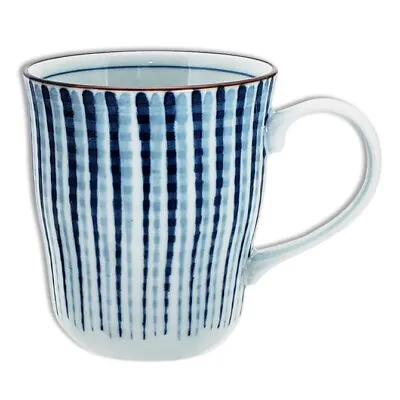 Japanese Tea Cup Mug Porcelain Blue Nami Tokusa Lines 3.5 H X 3.25 D JAPAN MADE • $18.95