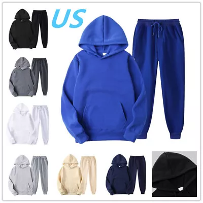 US Mens 2Pcs Solid Color Tracksuit Long Sleeve Hoodie With Pants Activewear Set • $31.79