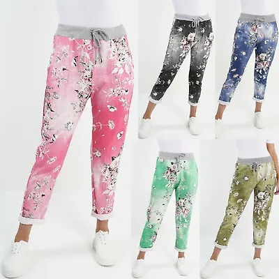Womens Joggers Italian Floral Print Trousers Casual Jogging Bottoms Ladies Pants • £12.99