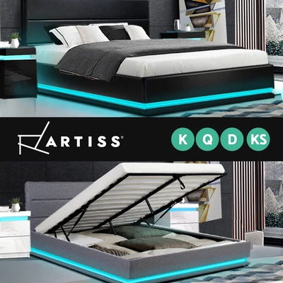 Artiss Bed Frame Queen Double King Single RGB LED Gas Lift Base Storage LUMI • $329.95