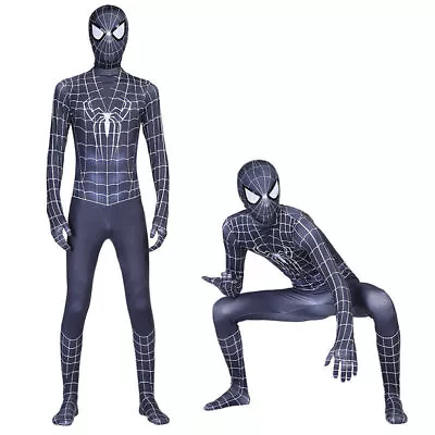 ♡Men Adult BLACK Spiderman Costume Cosplay Halloween Fancy Dress Jumpsuit Outfit • £18.40