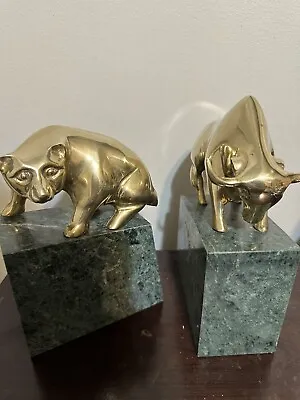 Vintage Wall Street Bull And Bear Brass On Marble Bookends • $295