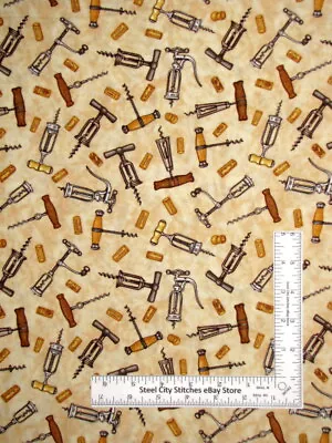 Vineyard Wine Cork Corkscrew Toss Beige Cotton Fabric Robert Kaufman By The Yard • $10.98