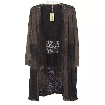 NWT T-PARTY Black Brown Long Line Waterfall Front Lace Accent Cardigan Size 1X • $19.57