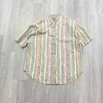 VINTAGE 1980s Short Sleeve Bowling Button Striped Shirt Size Large L Women's  • $5