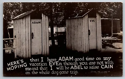 Vintage Postcard Humor Funny RPPC Adam And Eve Outhouses Real Photo ~9976 • $2.20