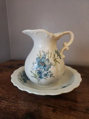 Vintage Inarco Blue Floral Pitcher And Bowl Washbasin Set Made In Japan • $32