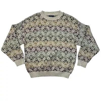 Vintage Van Heusen Sweater Mens XL Grey Beige Cotton Christmas Nordic Fair Isle • $24.94