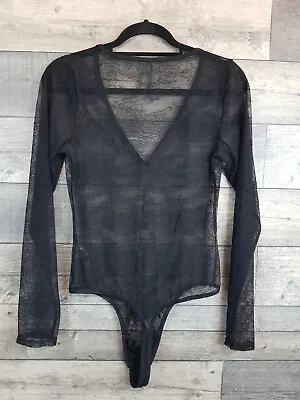 By Anthropologie Lace Mesh Bodysuit Medium Black Long Sleeves V Neck Sheer BN • £24.99