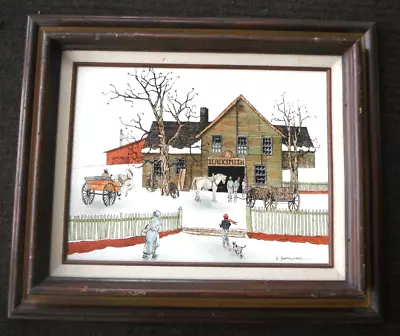 Vintage Signed H. Hargrove BLACKSMITH Winter Serigraph Painting 12  X 16  Frame • $9